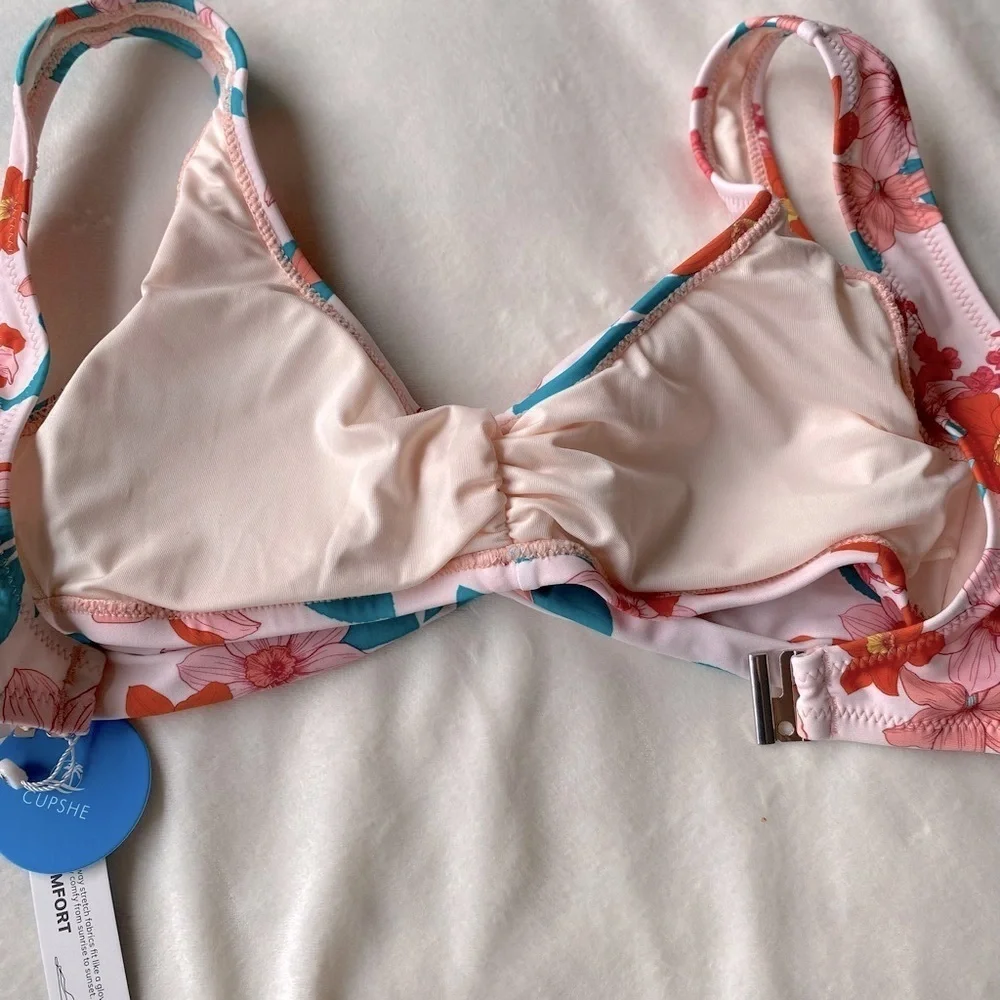 Cupshe Floral Bikini Top Pink Orange Teal Twist Front – Size Small NWT